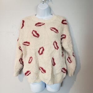 Orange Creek Small Eyelash Ivory Long Sleeve Sweater Red Lips Kiss Makeup